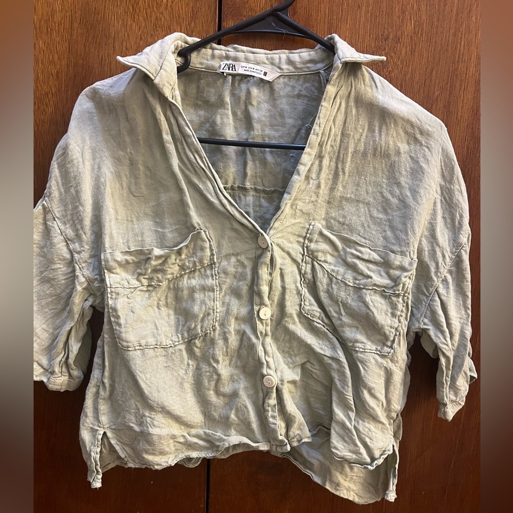 Zara Linen Muted Green Short Sleeve Button Down